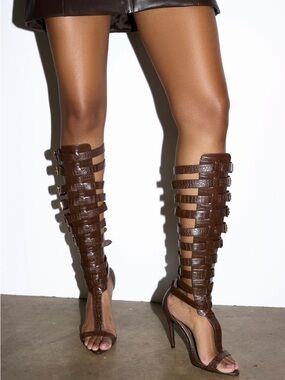 Women's Brown Knee-High Gladiator Sandal Heels